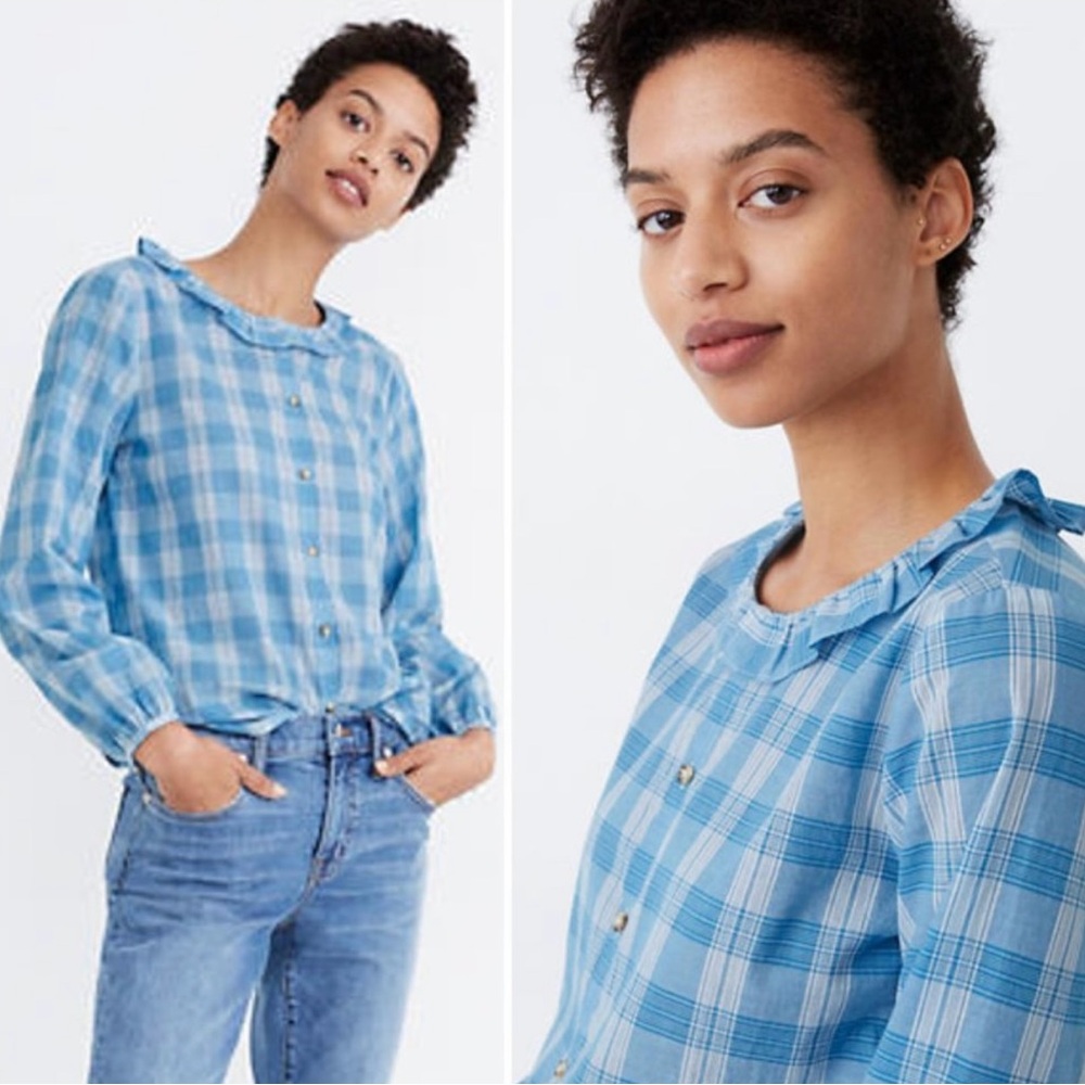 Madewell Ruffle-Neck Colwell Plaid Cotton Top in Ashby Plaid Ocean Wave Size XXL